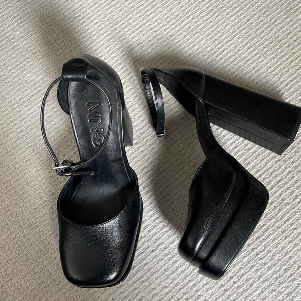 Mango Black Leather Platform Heels NWOT